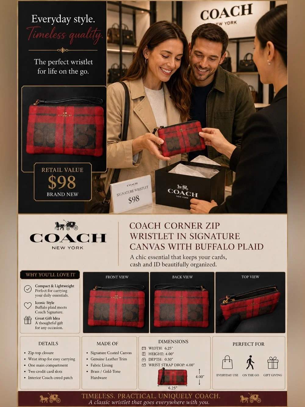 Coach Corner Zip Wristlet in Signature Buffalo 🦬 Canvas Plaid